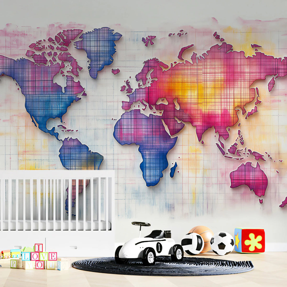 Neon Grid World Map Mural Wallpaper — Abstract Global Graphic Mural Wallpaper - room preview 02