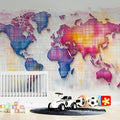 Neon Grid World Map Mural Wallpaper — Abstract Global Graphic Mural Wallpaper - room preview 02