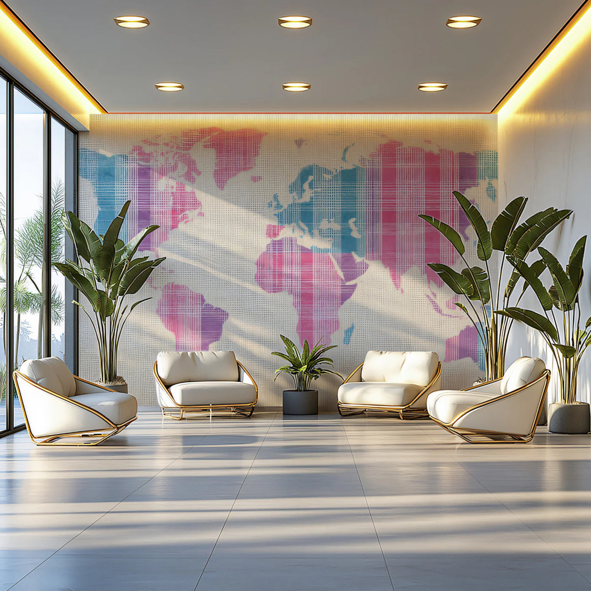 Plaid World Map Mural Wallpaper — Soft Pastel Geographic Art Mural Wallpaper - room preview 02