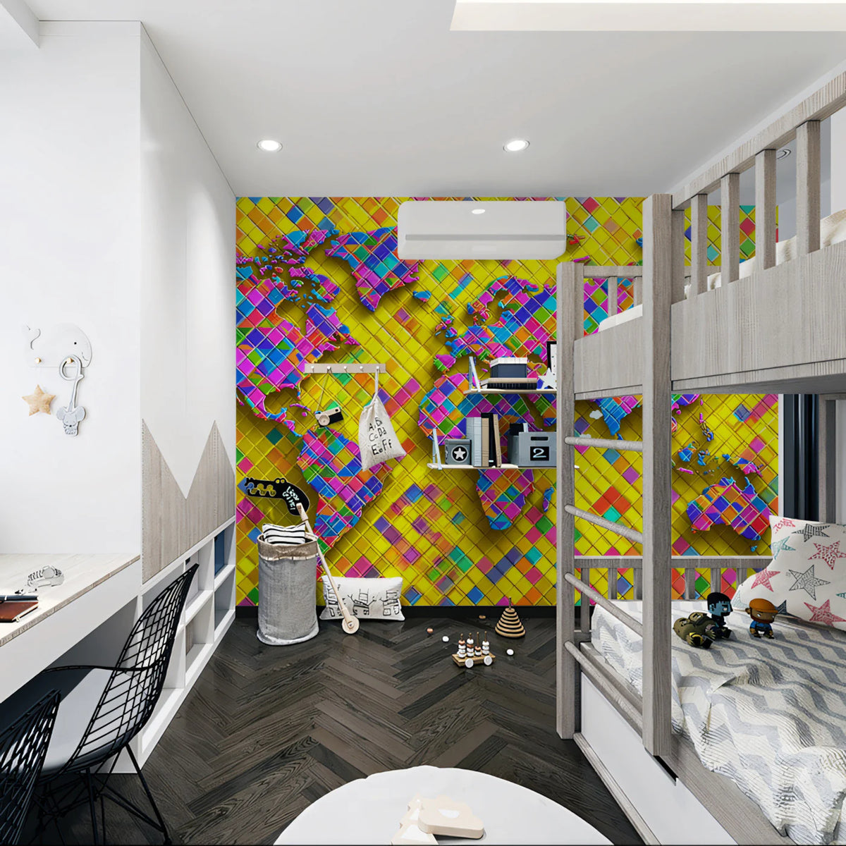 Psychedelic Tile World Map Mural Wallpaper — Vibrant Geometric Art Mural Wallpaper - room preview 02