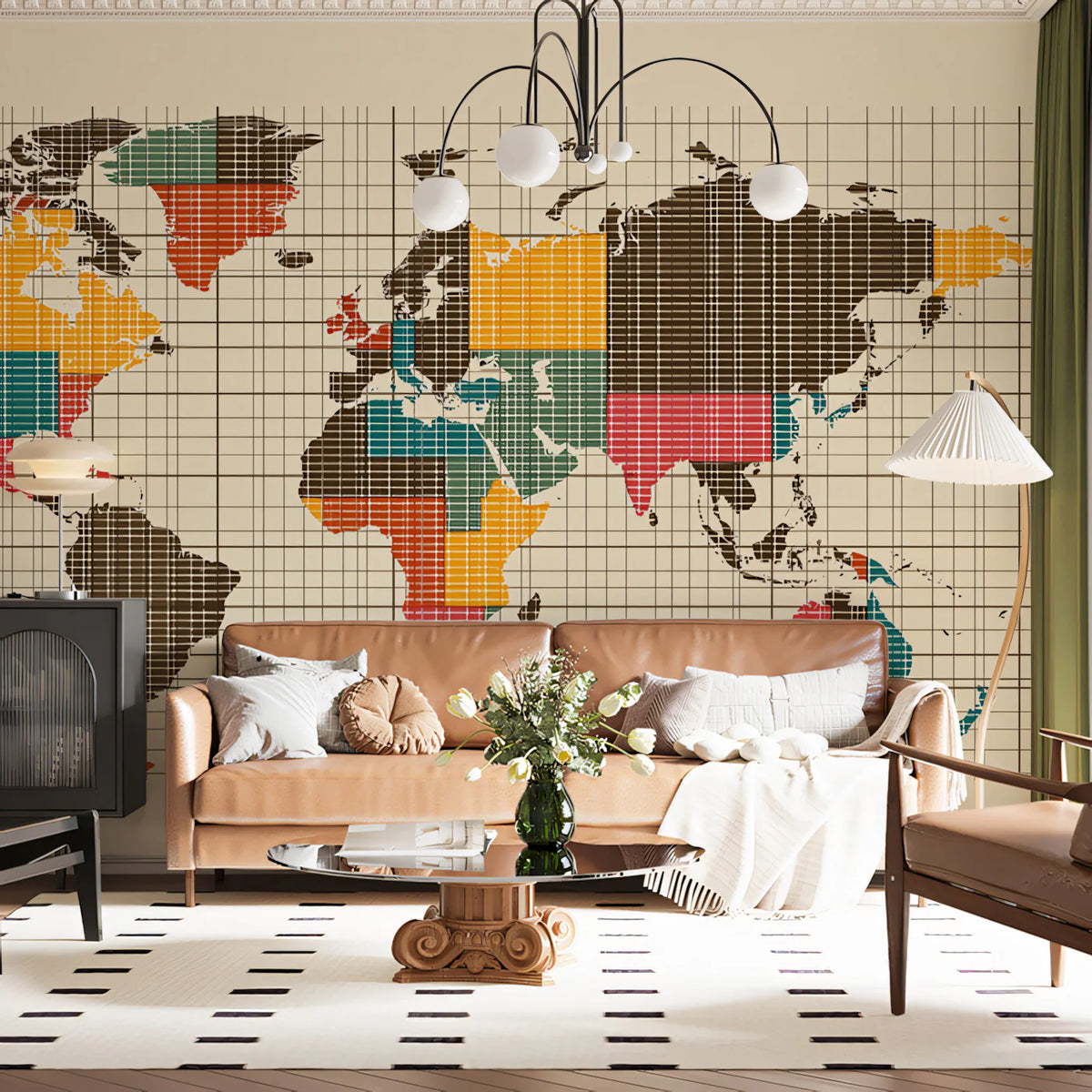 Mid-Century Grid World Map Mural Wallpaper — Retro Graphic Design Mural Wallpaper - room preview 02