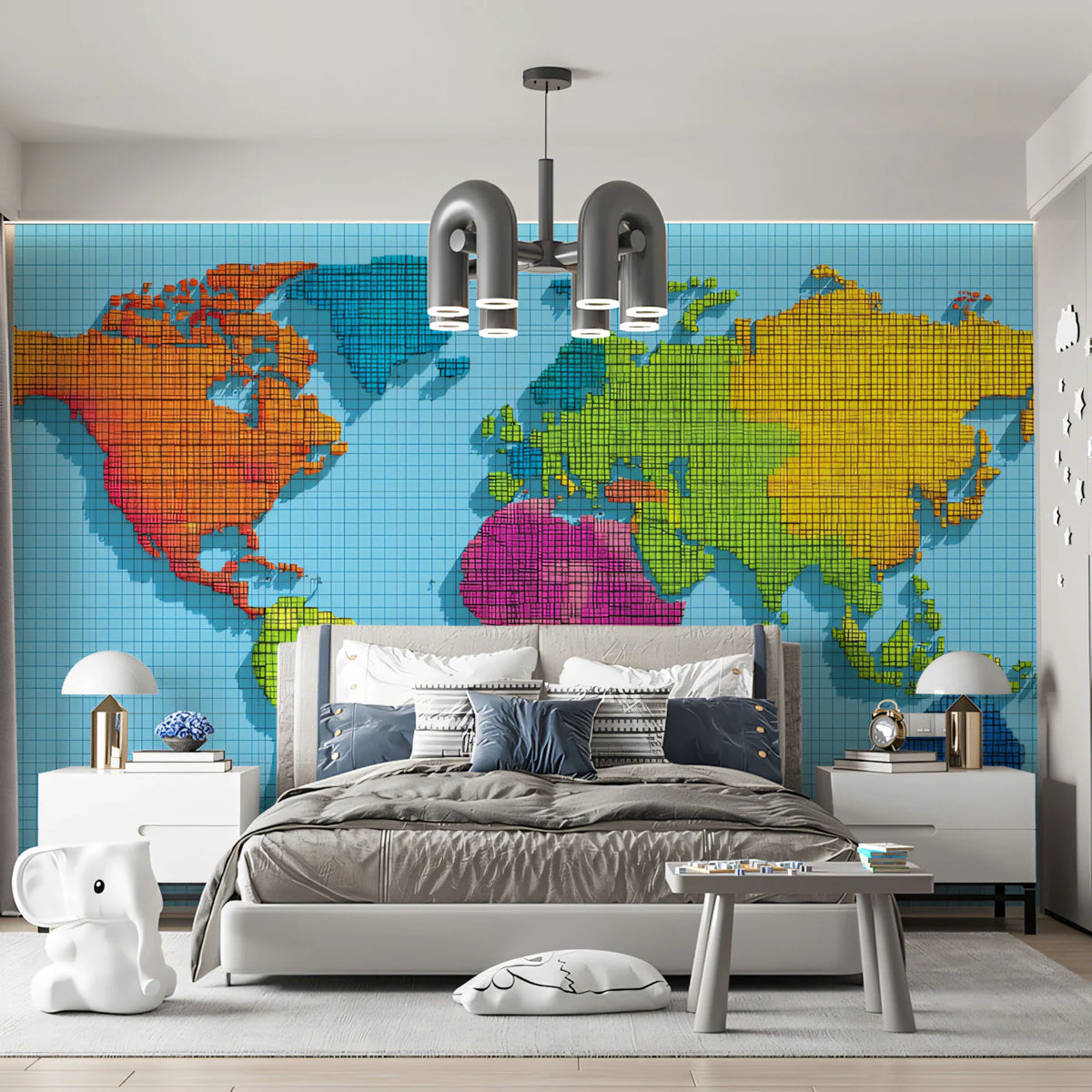 Pixelated World Map Mural Wallpaper — Vibrant Geo-Relief Design Mural Wallpaper - room preview 02
