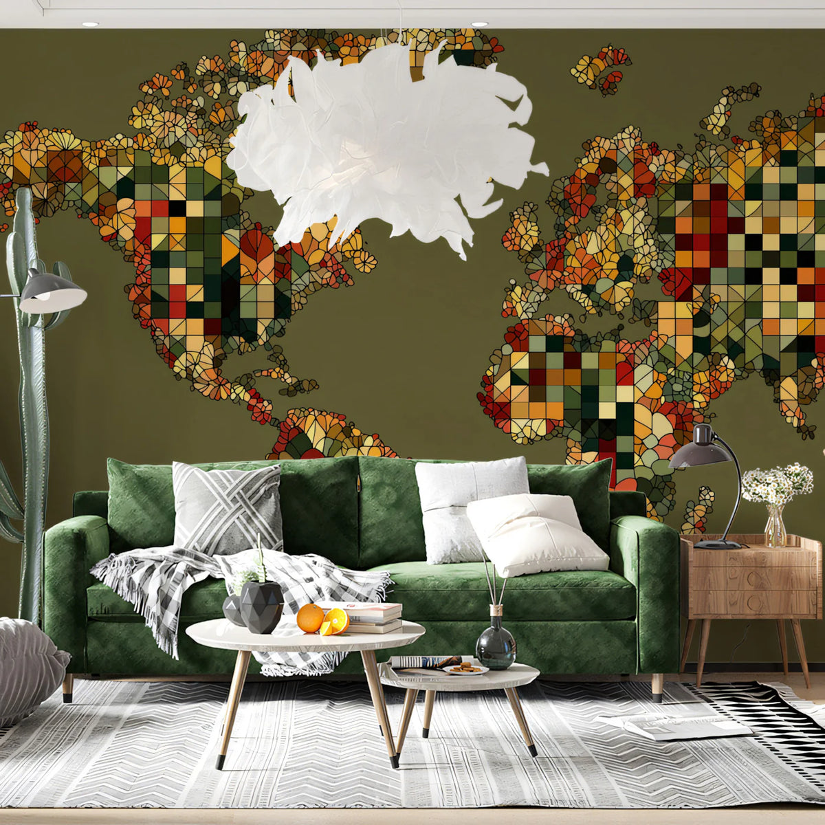 Floral Mosaic World Map Mural Wallpaper — Earthy Abstract Art Mural Wallpaper - room preview 02