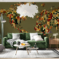 Floral Mosaic World Map Mural Wallpaper — Earthy Abstract Art Mural Wallpaper - room preview 02