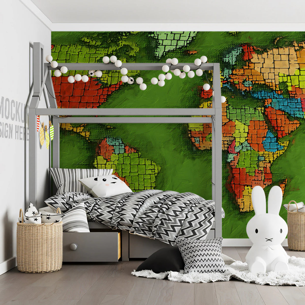 Mosaic World Map Mural Wallpaper — Artistic Painted Global Design Mural Wallpaper - room preview 02