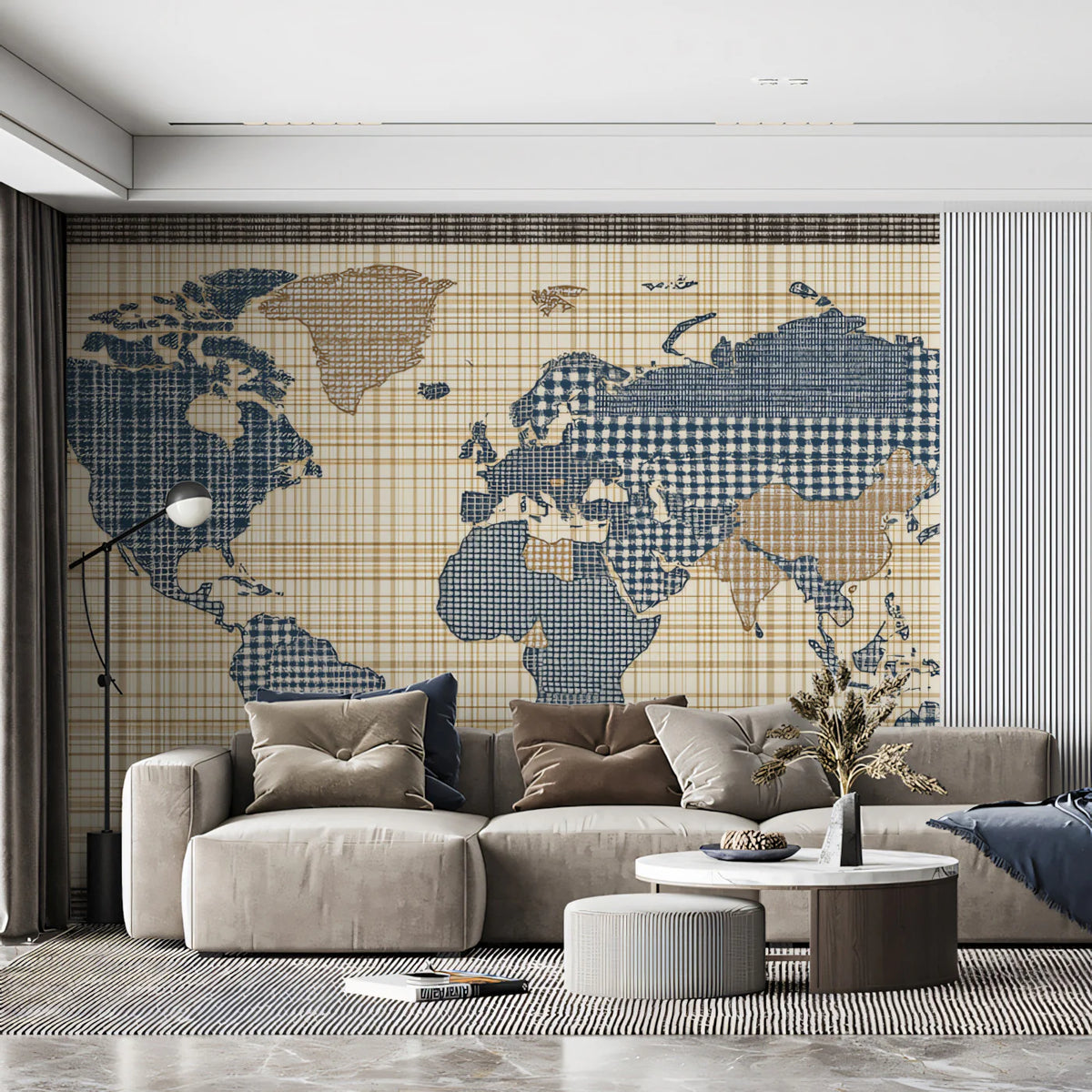 Textured World Map Mural Wallpaper — Navy and Tan Plaid Mural Wallpaper - room preview 02