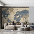 Textured World Map Mural Wallpaper — Navy and Tan Plaid Mural Wallpaper - room preview 02
