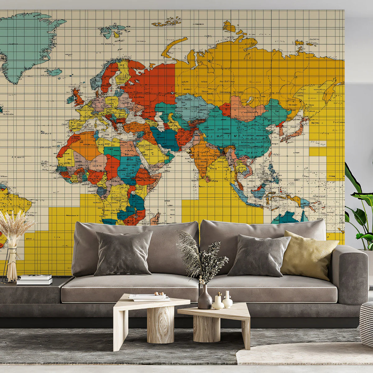 Vintage Political World Map Mural Wallpaper — Retro Mid-Century Grid Mural Wallpaper - room preview 02