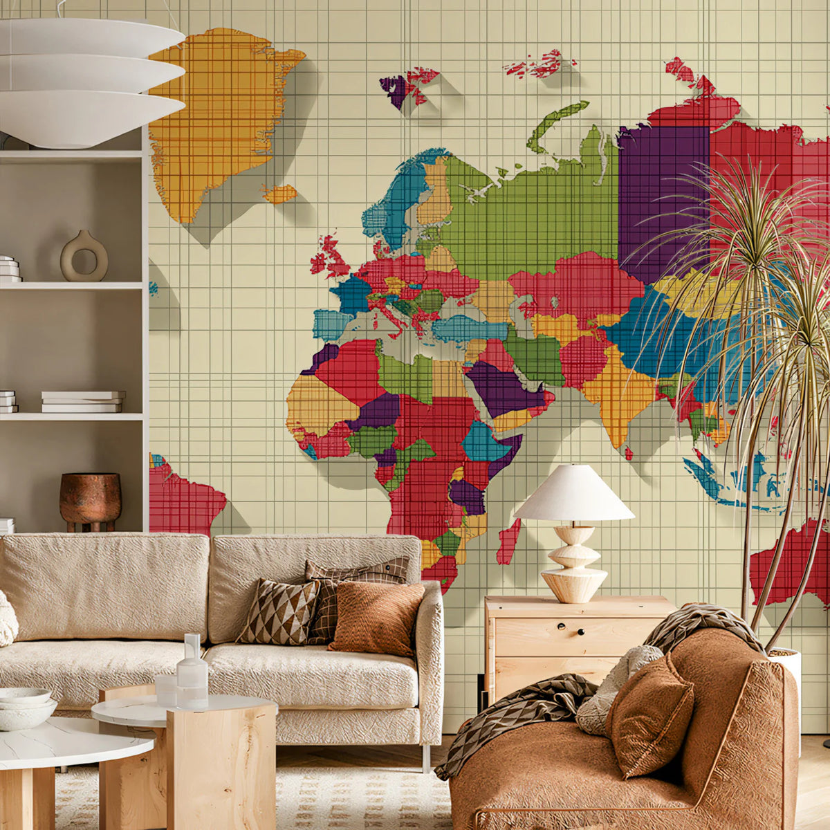 Graphic World Map Mural Wallpaper — Multi-Color Grid Design Mural Wallpaper - room preview 02