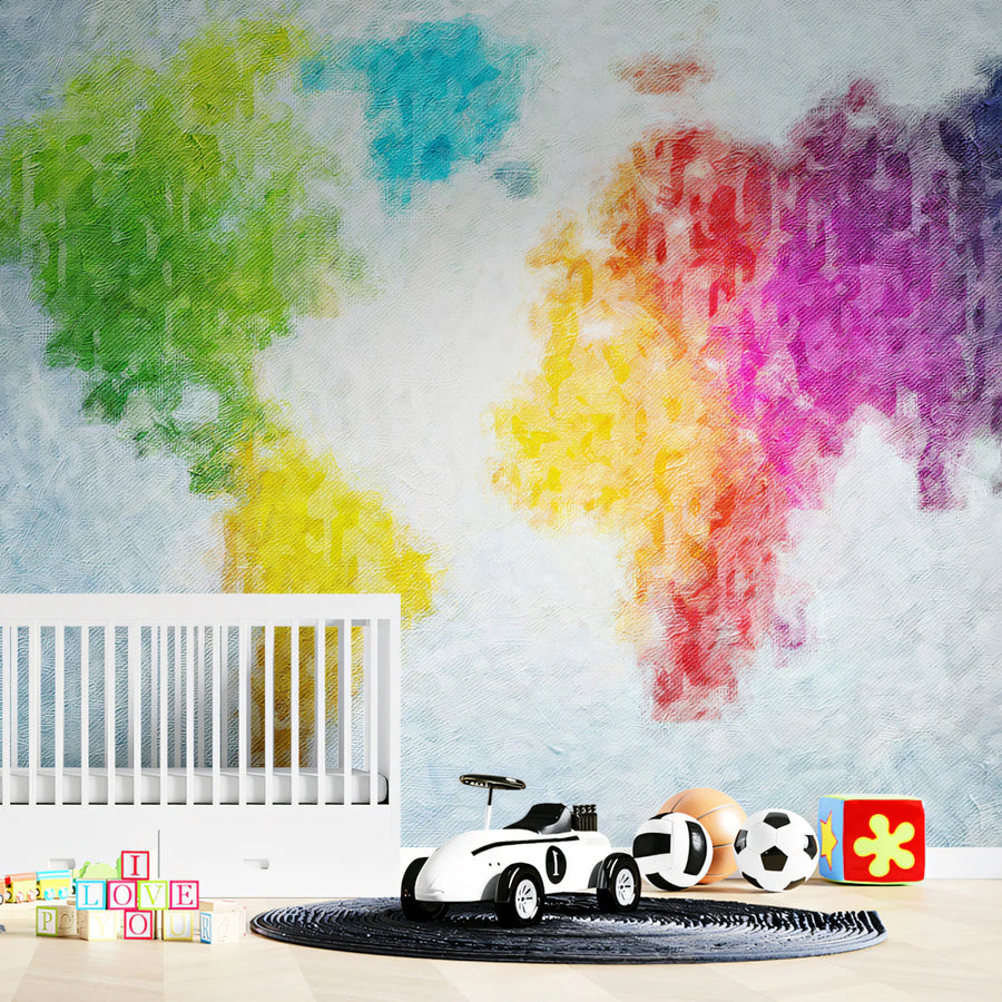 World Map Wallpaper Mural – Map Wall Mural – Impressionist World Map — Colorful Painted Texture