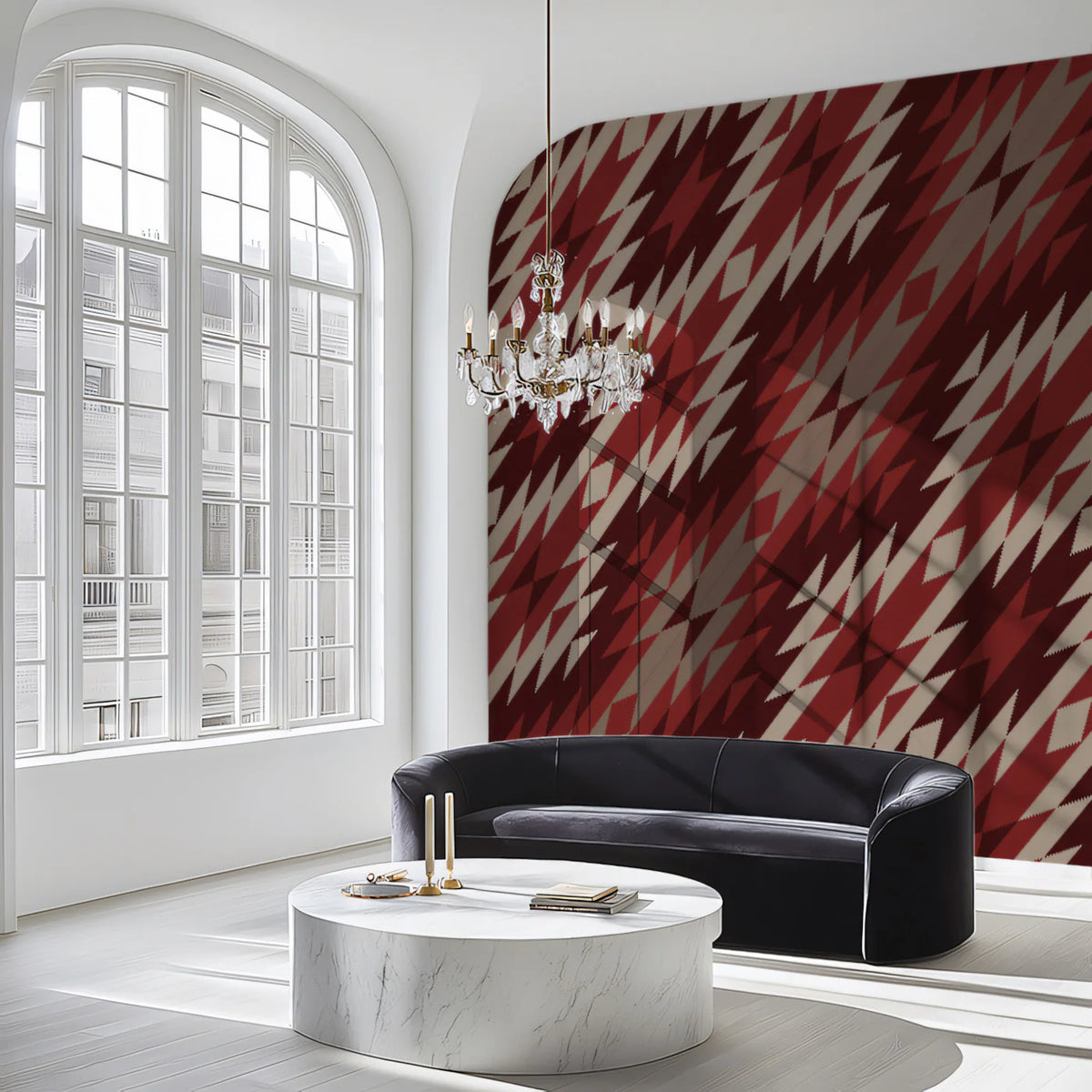 Diagonal Ikat Geometric Mural Wallpaper — Rich Crimson Textile Print Mural Wallpaper - room preview 02