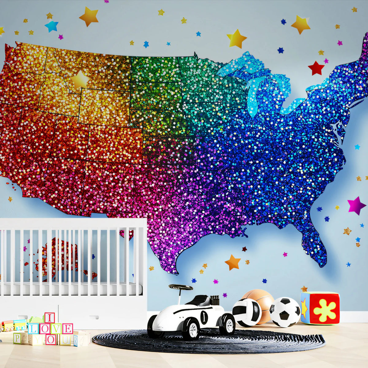 Rainbow Glitter USA Map Mural Wallpaper — Festive Pop Art Decor Mural Wallpaper - room preview 02
