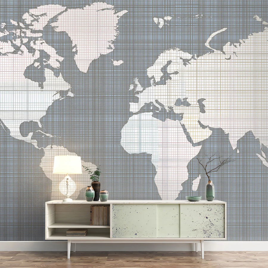 World Map Wallpaper Mural – Map Wall Mural – Linen Grid World Map — Minimalist Decor