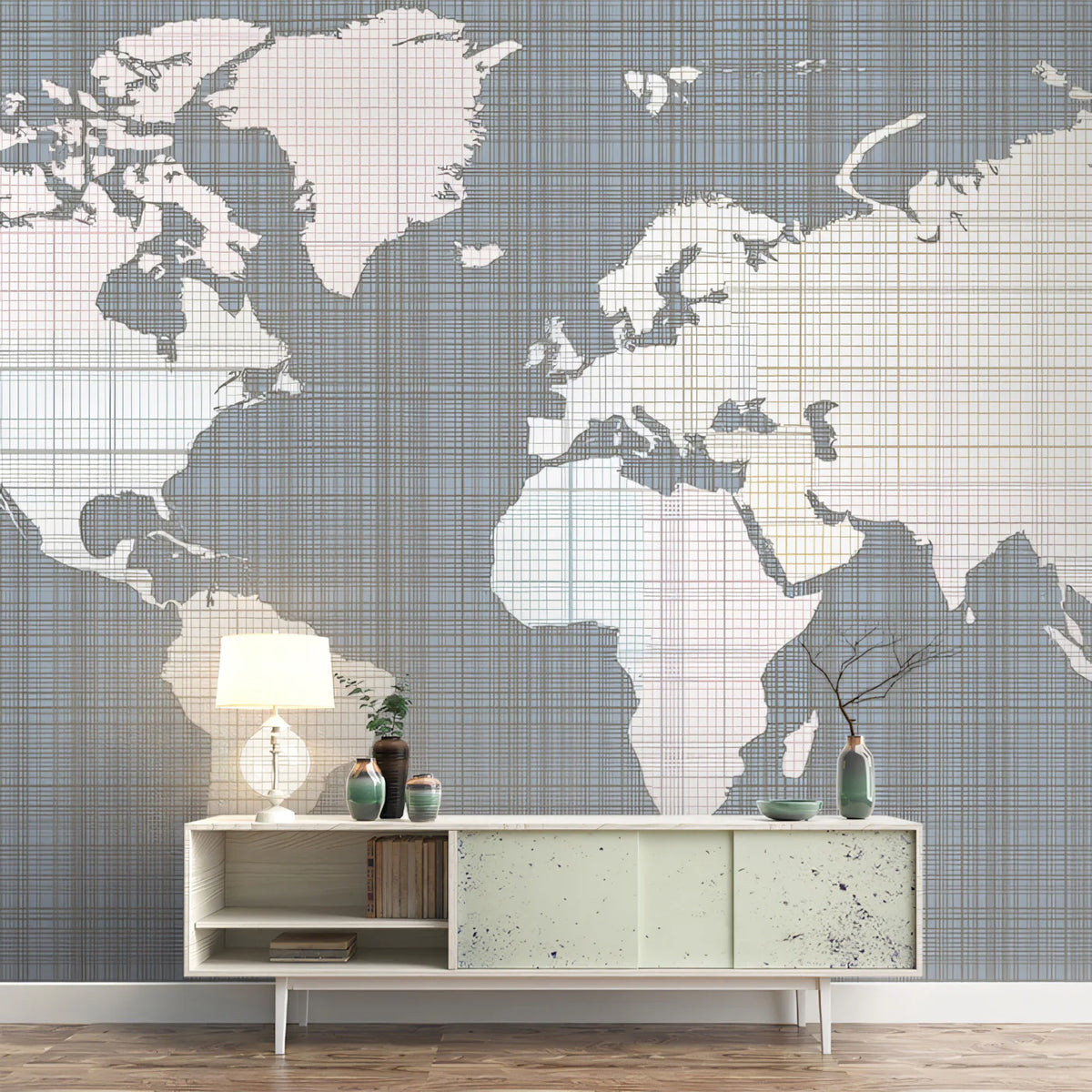 Linen Grid World Map Mural Wallpaper — Minimalist Decor Mural Wallpaper - room preview 02