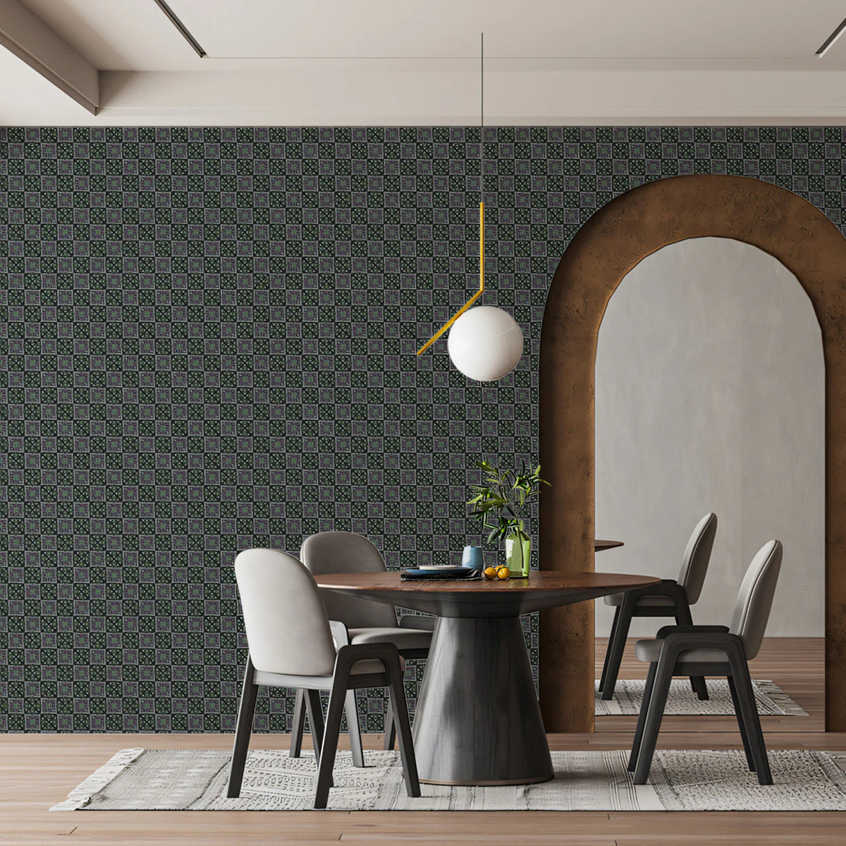 Micro Checkered Geometric Mural Wallpaper — Dark Architectural Style Mural Wallpaper - room preview 02