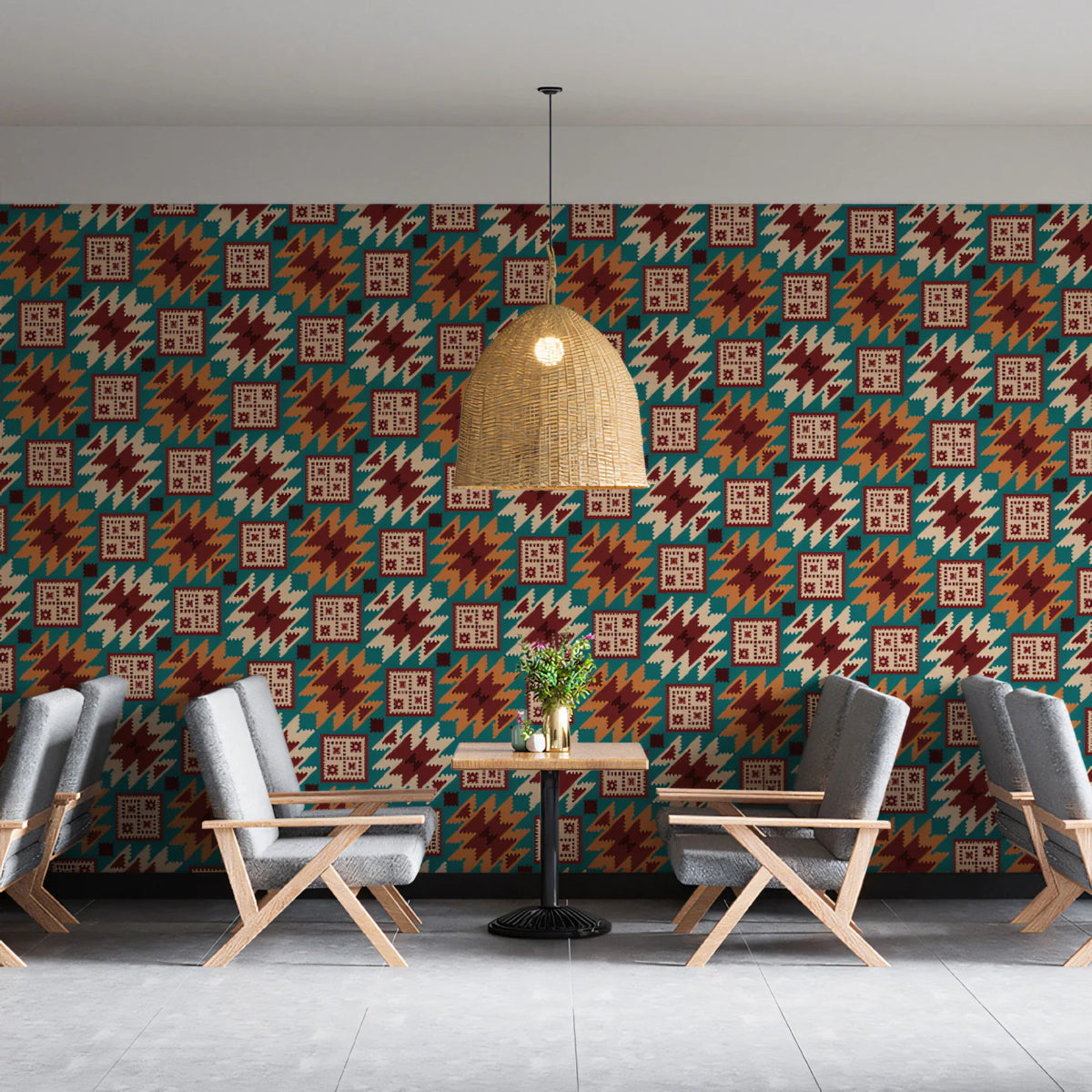 Geometric Ikat Motif Mural Wallpaper — Teal, Ochre and Maroon Mural Wallpaper - room preview 02