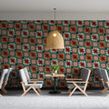 Geometric Ikat Motif Mural Wallpaper — Teal, Ochre and Maroon Mural Wallpaper - room preview 02