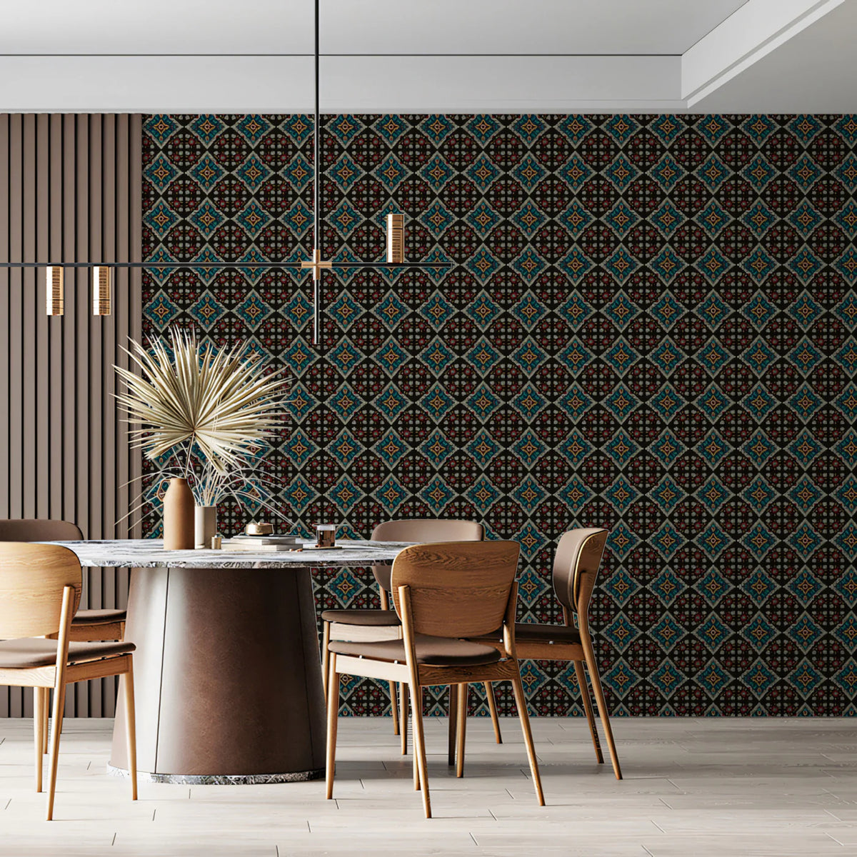 Dark Moroccan Tile Repeat Mural Wallpaper Repeating Print, Black Background, Intricate Geometric Motif Mural Wallpaper - room preview 02