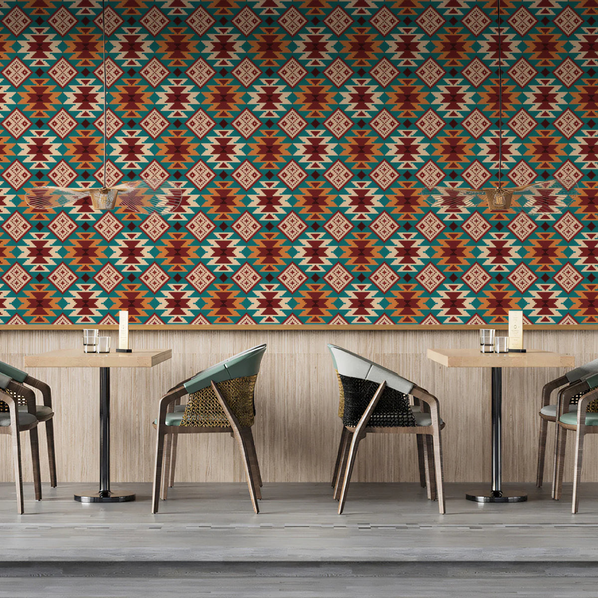 Southwest Geometric Medallion Mural Wallpaper — Earthy Teal Motif Mural Wallpaper - room preview 02