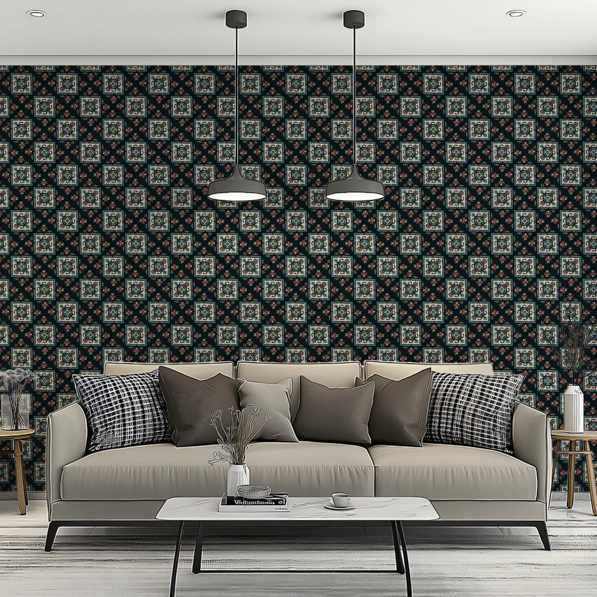 Intricate Folk Diamond Mural Wallpaper — Dark Traditional Repeat Mural Wallpaper - room preview 02