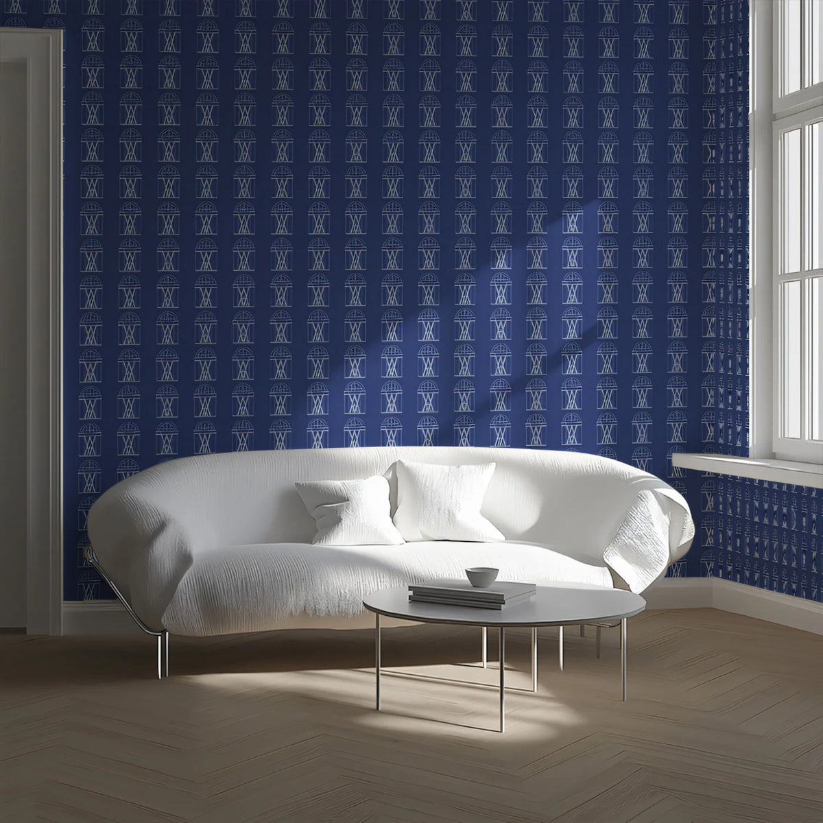 Minimalist Arch Grid Mural Wallpaper — Navy Blue Architectural Mural Wallpaper - room preview 02