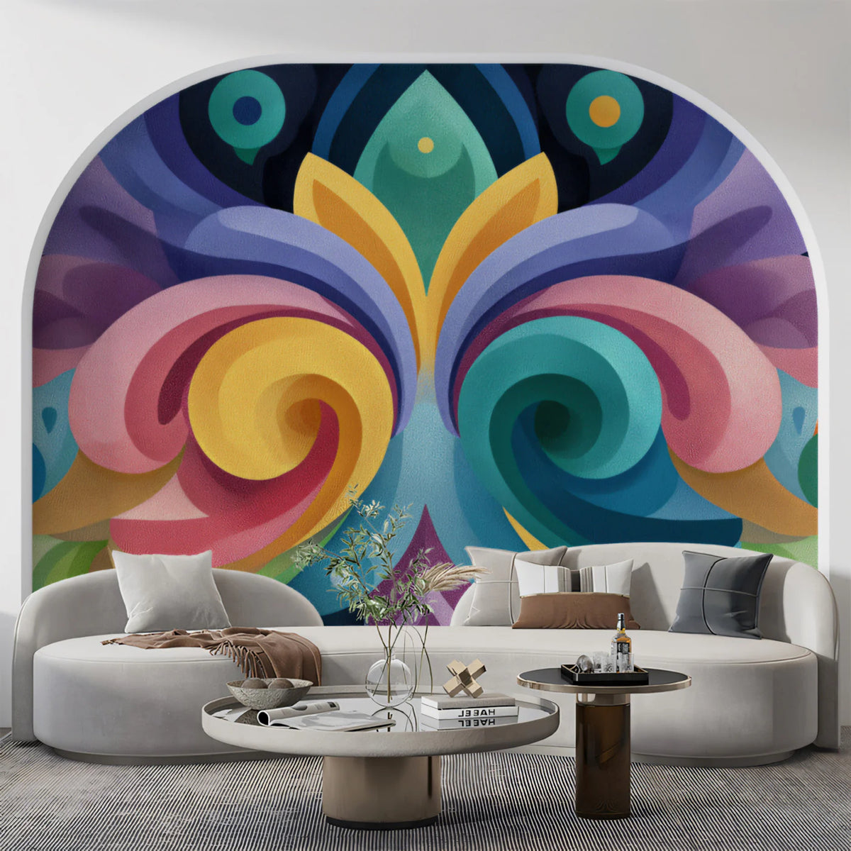 Symmetrical Abstract Floral Mural Wallpaper — Colorful Fluid Swirls Mural Wallpaper - room preview 02