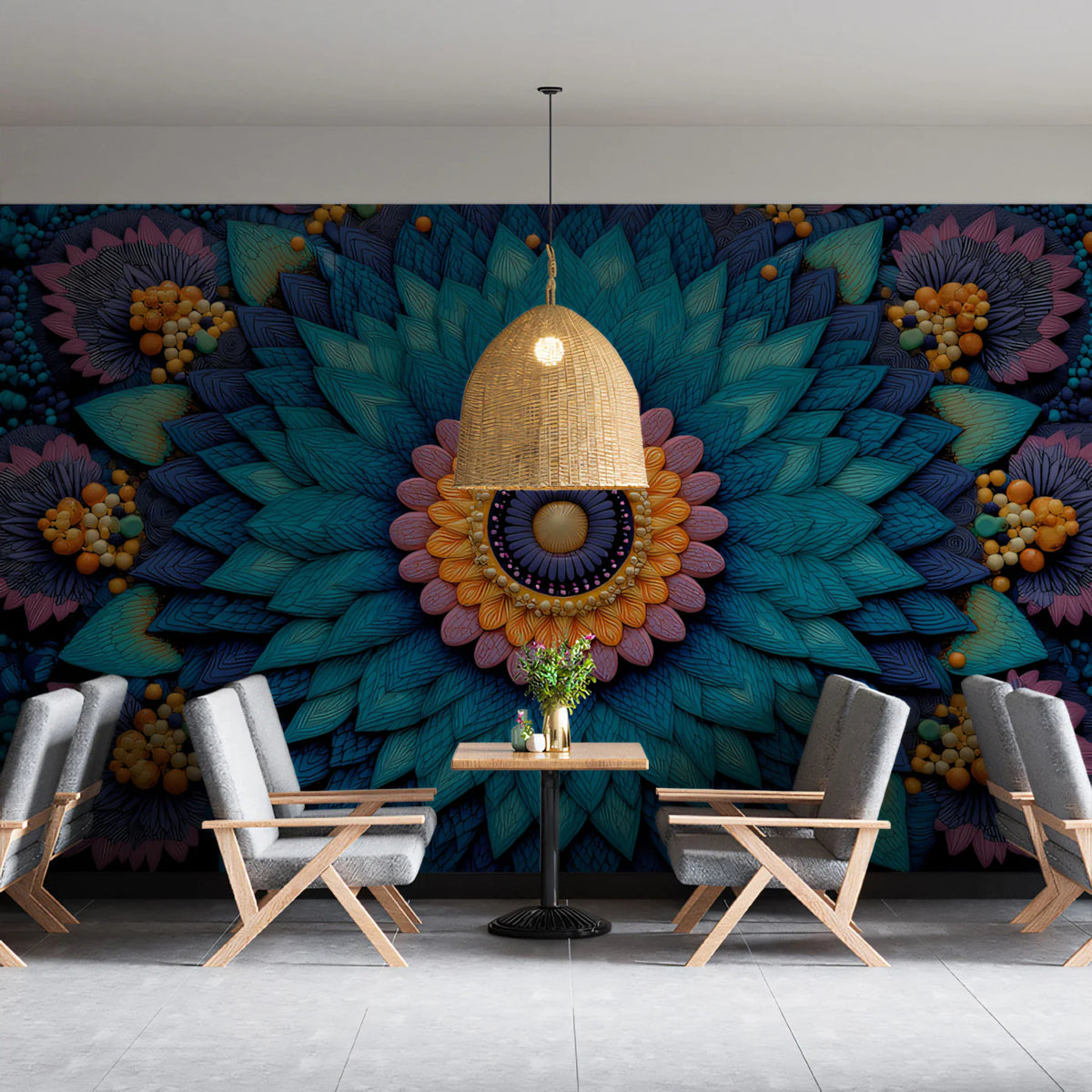 Floral Mandala Relief Mural Wallpaper — Deep Teal and Ochre Mural Wallpaper - room preview 02