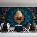 Floral Mandala Relief Mural Wallpaper — Deep Teal and Ochre Mural Wallpaper - room preview 02
