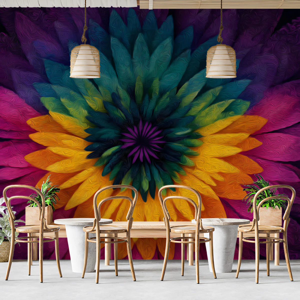 Psychedelic Floral Close-up Mural Wallpaper High Texture, Neon Rainbow, Abstract Mandala Art Mural Wallpaper - room preview 02