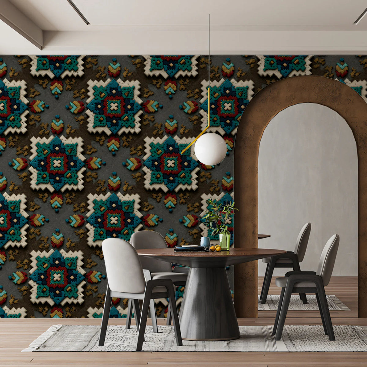 Southwestern Diamond Motif Mural Wallpaper — Rustic Folk Art Print Mural Wallpaper - room preview 02