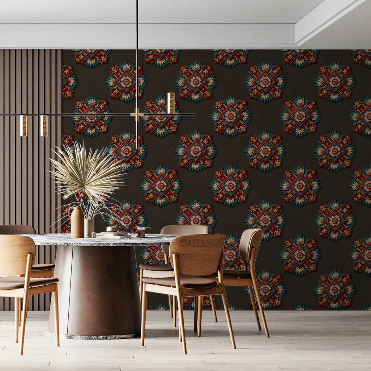 Symmetrical Geometric Floral Mural Wallpaper — Dark Traditional Print Mural Wallpaper - room preview 02