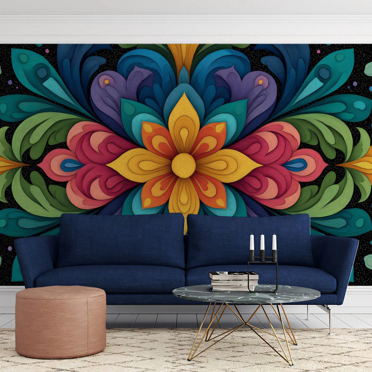 Symmetrical Floral Abstract Mural Wallpaper — Modern Rainbow Motif Mural Wallpaper - room preview 02