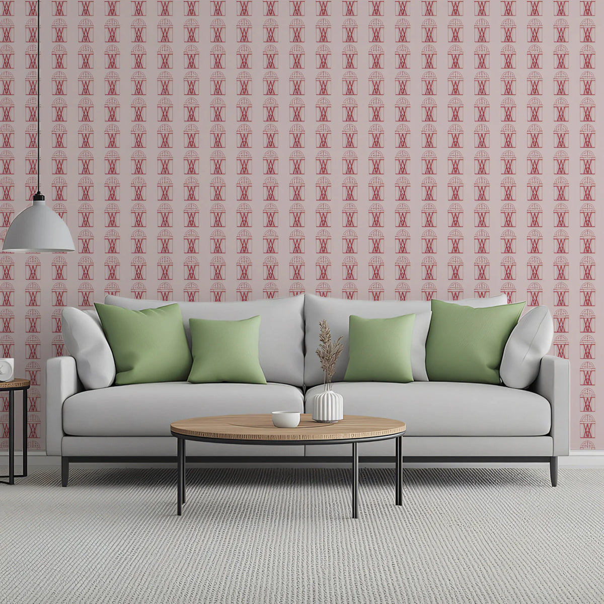 Minimalist Arch Grid Mural Wallpaper — Soft Blush and Maroon Mural Wallpaper - room preview 02