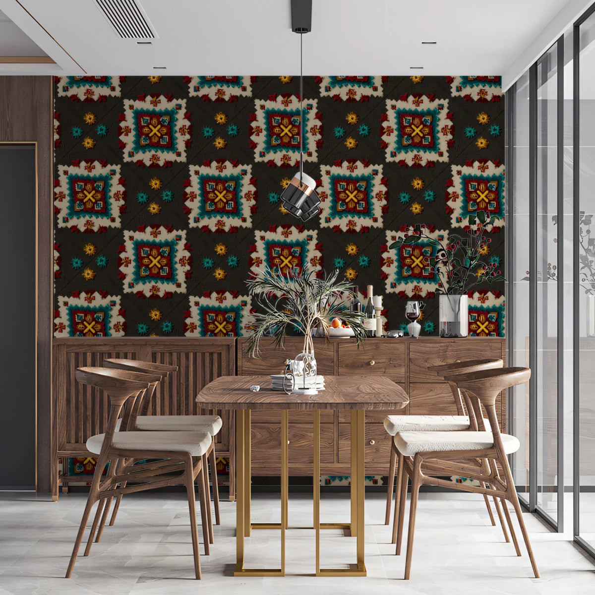 Folk Square Geometric Mural Wallpaper — Traditional Textile Motif Mural Wallpaper - room preview 02