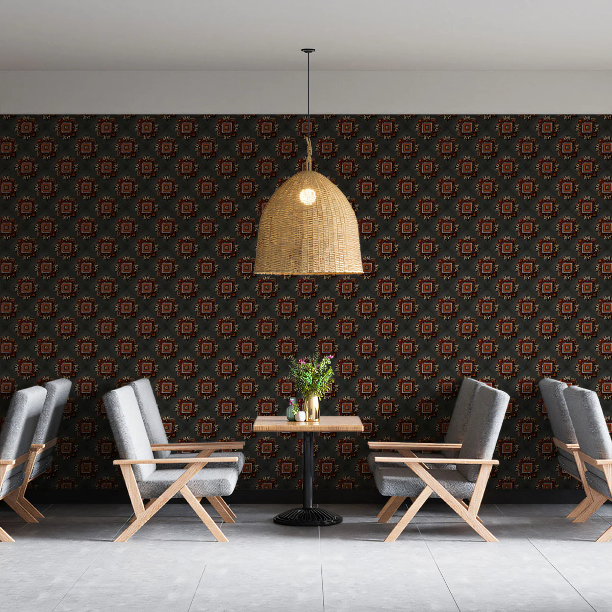 Starry Geometric Pattern Mural Wallpaper — Dark Traditional Motif Mural Wallpaper - room preview 02