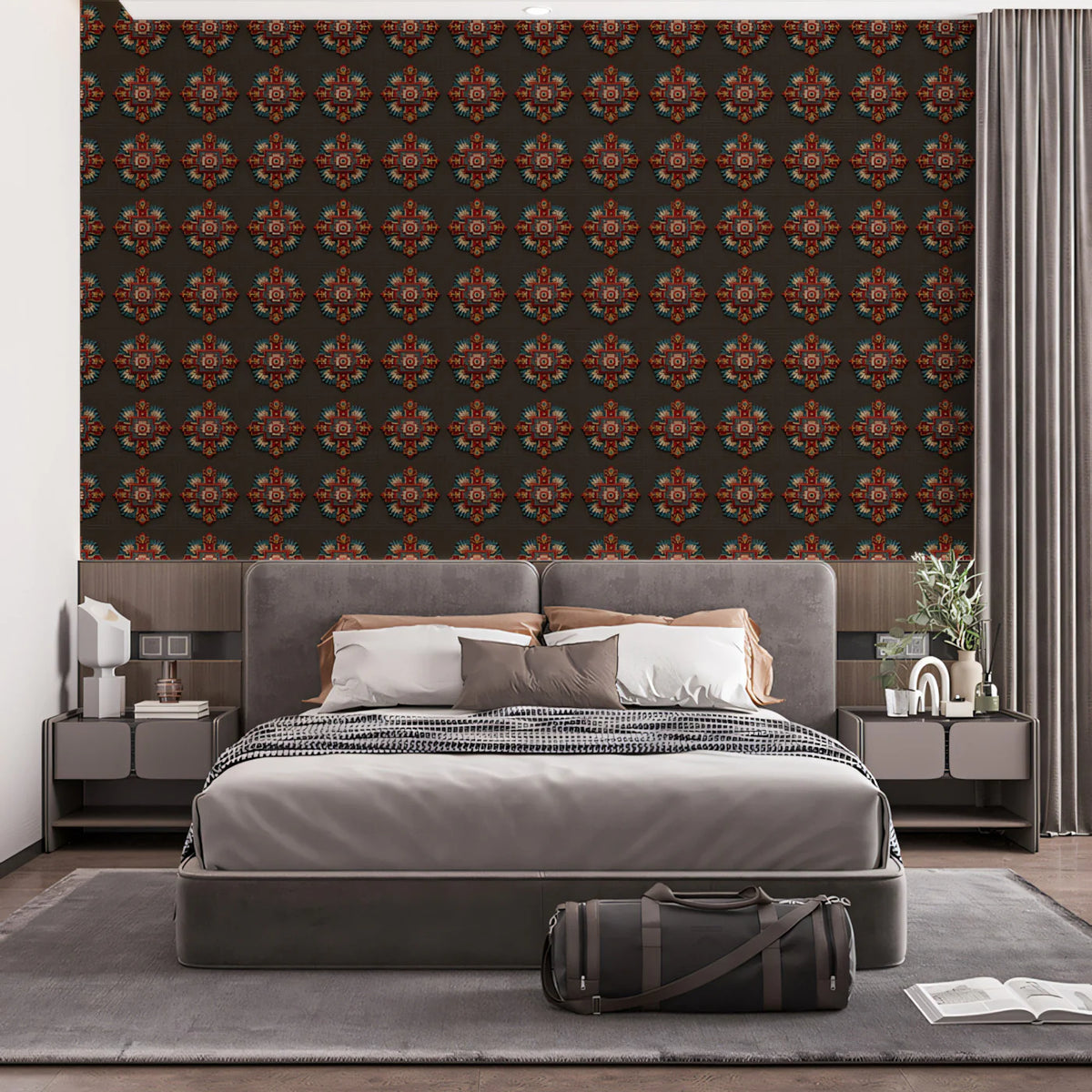 Traditional Floral Medallion Mural Wallpaper — Rich Tapestry Print Mural Wallpaper - room preview 02