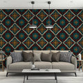 Geometric Diamond Brocade Mural Wallpaper — Rich Textile Motif Mural Wallpaper - room preview 02