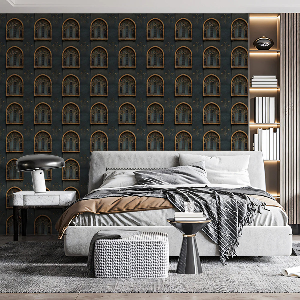 Moorish Arch Geometric Mural Wallpaper — Dark Architectural Motif Mural Wallpaper - room preview 02