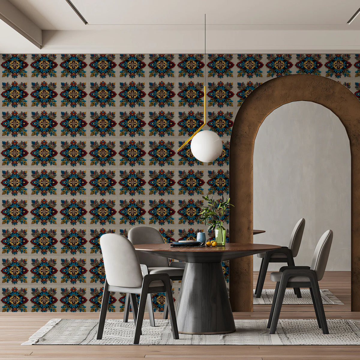Traditional Floral Motif Mural Wallpaper — Embroidery Inspired Print Mural Wallpaper - room preview 02