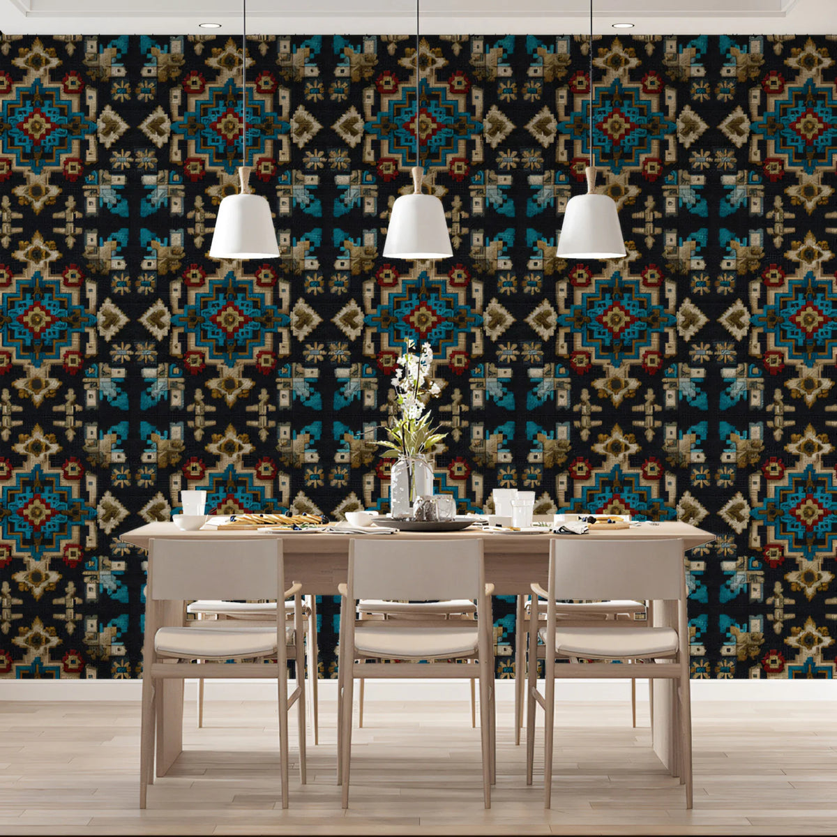 Ethnic Motif Geometric Mural Wallpaper — Dark Teal and Ochre Mural Wallpaper - room preview 02