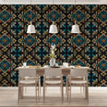 Ethnic Motif Geometric Mural Wallpaper — Dark Teal and Ochre Mural Wallpaper - room preview 02