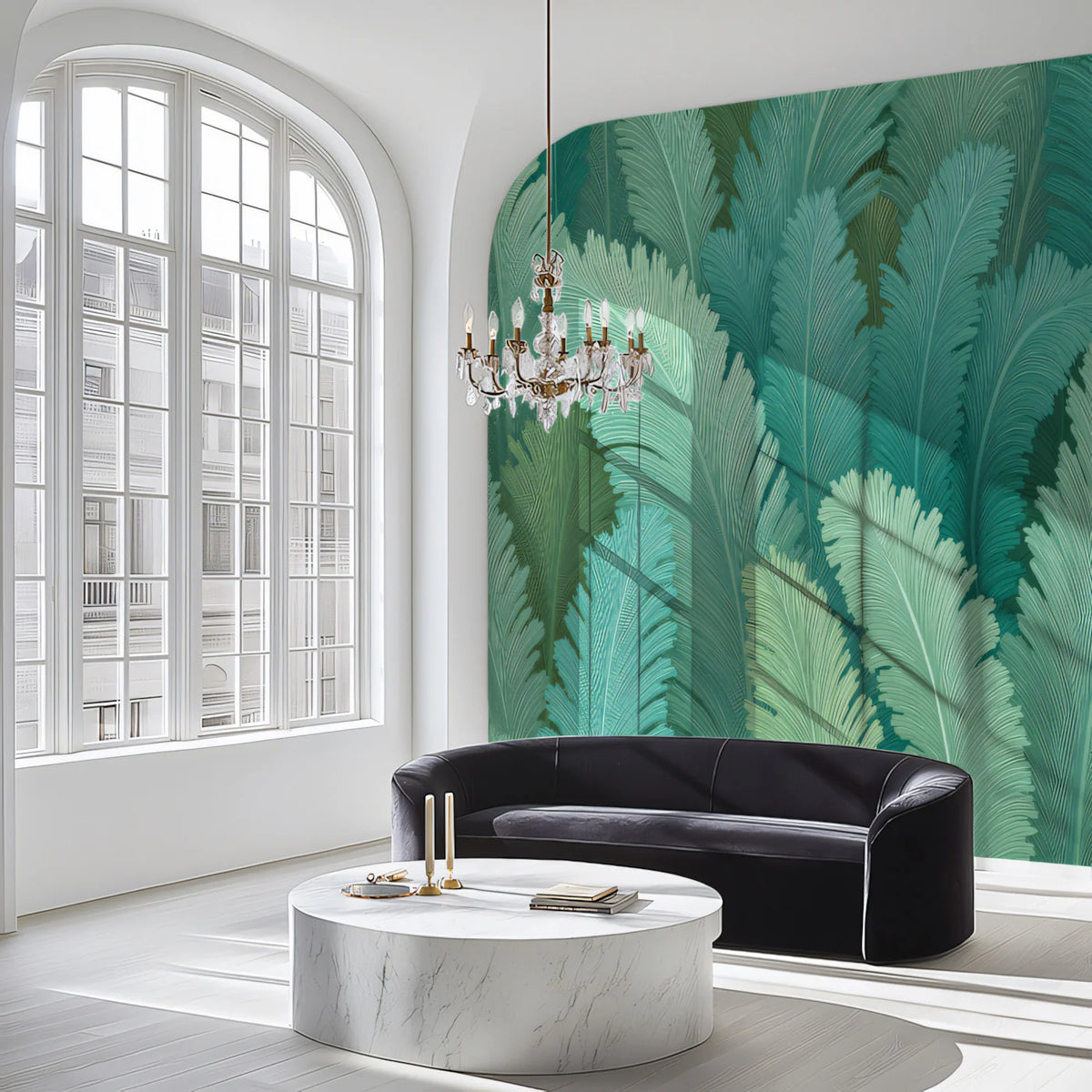 Layered Tropical Frond Mural Wallpaper — Botanical Flow Mural Wallpaper - room preview 02