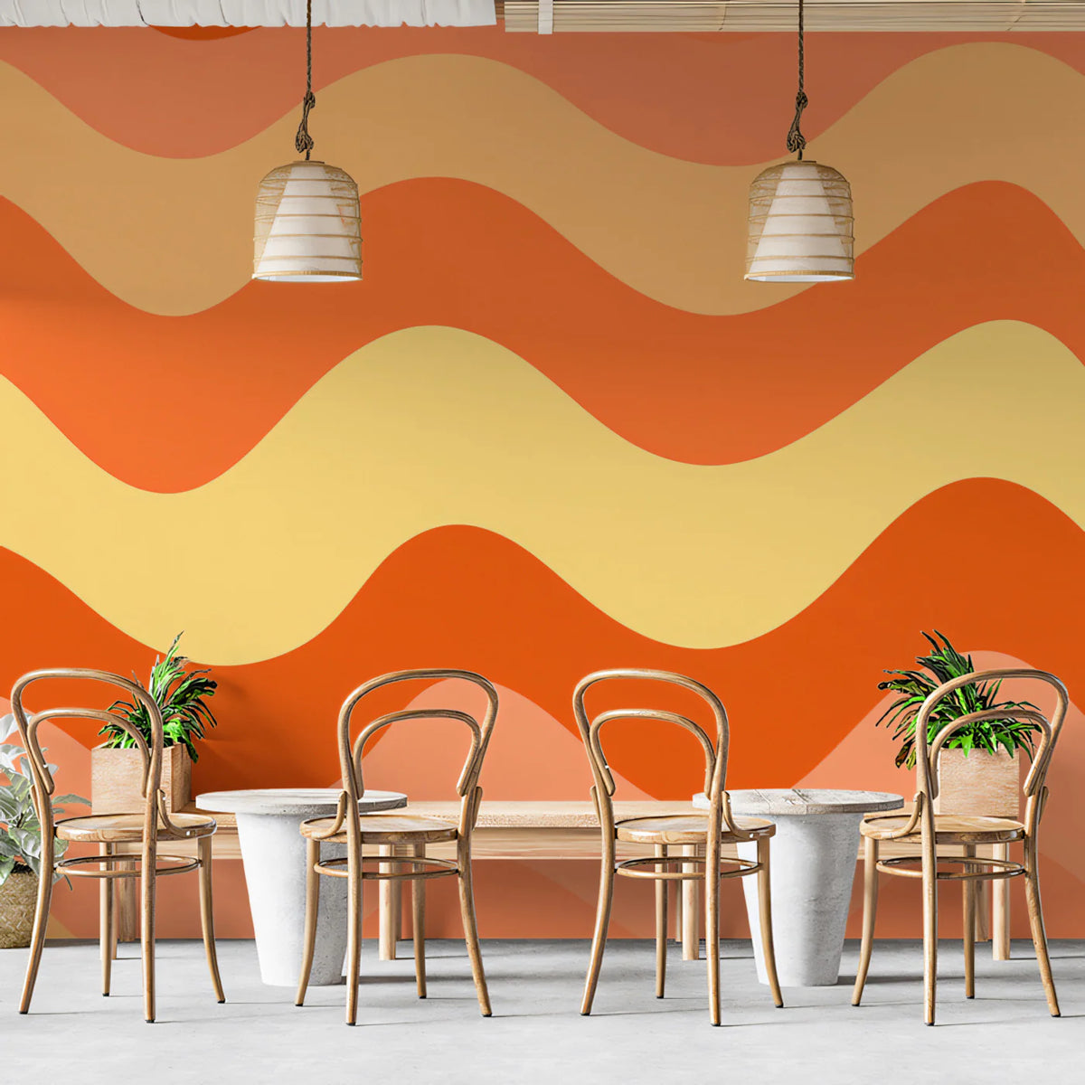 Retro Wavy Stripe Mural Wallpaper — Groovy Warm Tones Mural Wallpaper - room preview 02