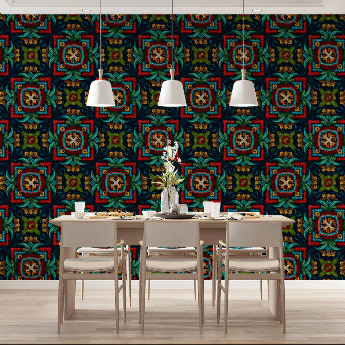 Embroidered Floral Square Mural Wallpaper — Rich Jewel Tones Mural Wallpaper - room preview 02
