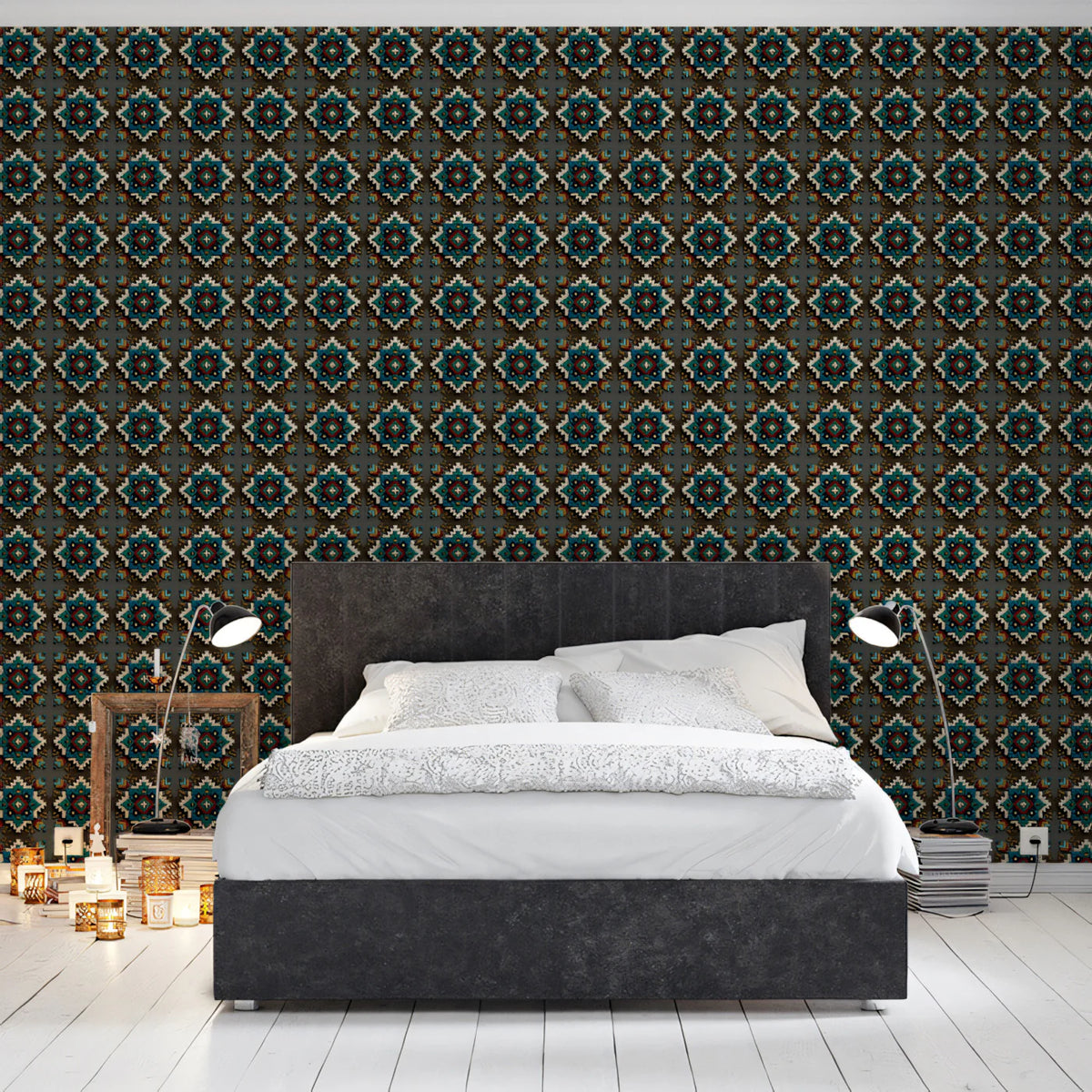 Star Mosaic Geometric Mural Wallpaper —Dark Teal and Ochre Mural Wallpaper - room preview 02
