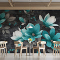 Teal Magnolia Floral Mural Wallpaper — Moody Botanical Art Mural Wallpaper - room preview 02