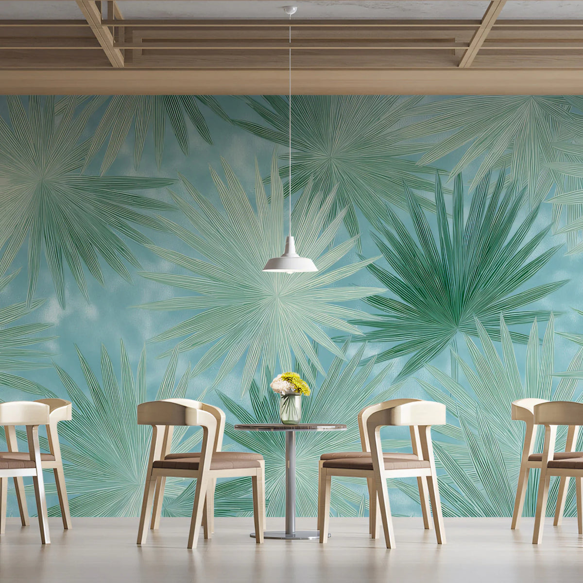 Stylized Palm Leaf Mural Wallpaper — Cool Mint and Aqua Botany Mural Wallpaper - room preview 02