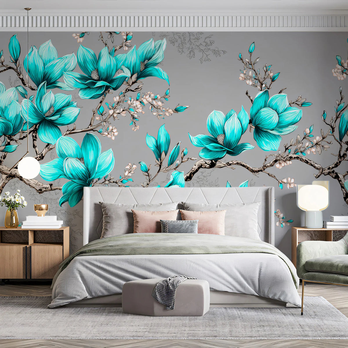 Teal Magnolia Blossom Mural Wallpaper — Botanical Line Art Mural Wallpaper - room preview 02