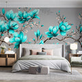 Teal Magnolia Blossom Mural Wallpaper — Botanical Line Art Mural Wallpaper - room preview 02
