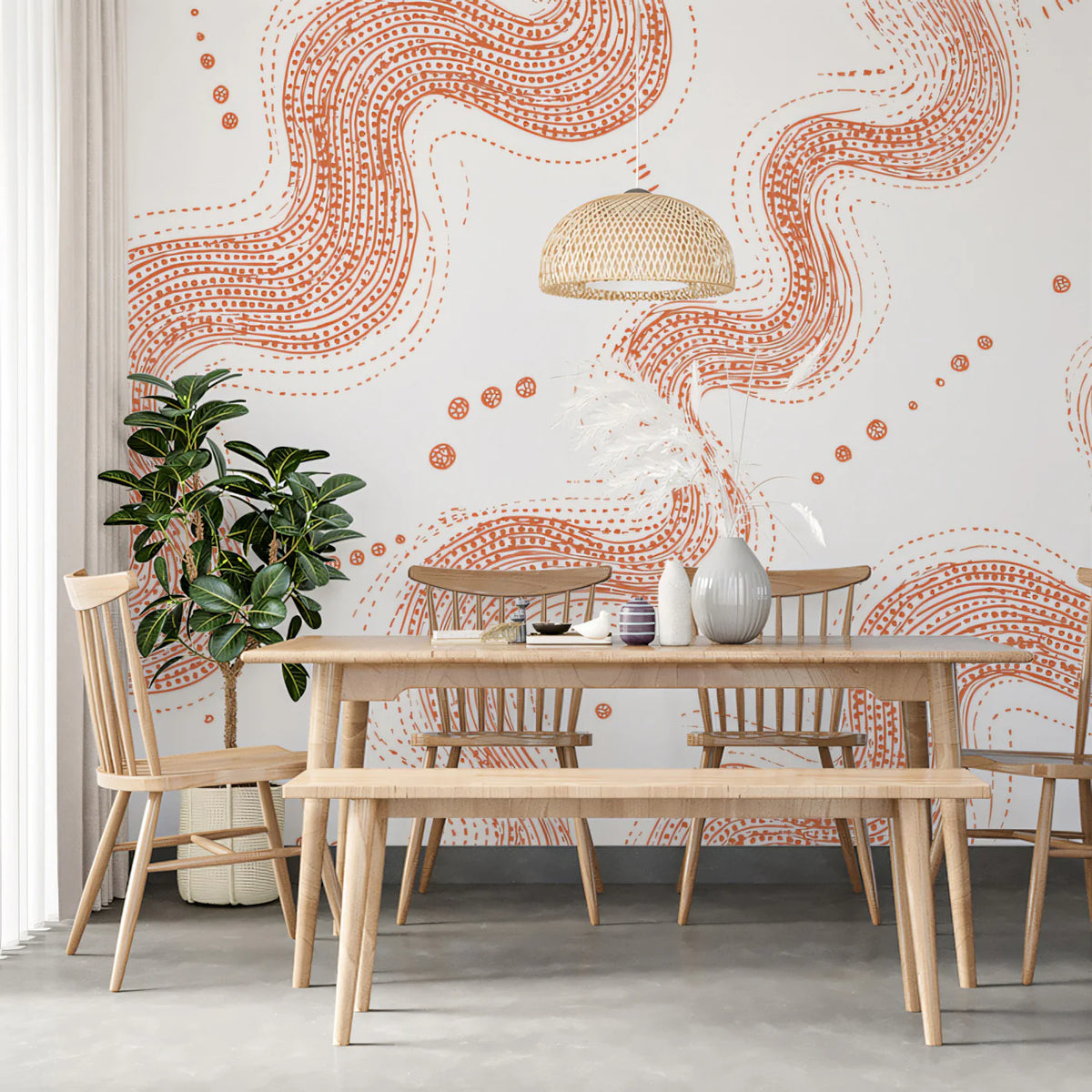 Terracotta Wavy Line Mural Wallpaper — Modern Minimalist Art Mural Wallpaper - room preview 02